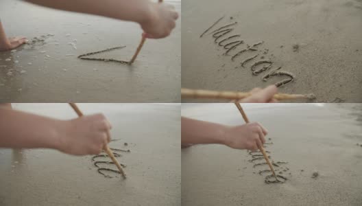 少女在沙上写字高清在线视频素材下载