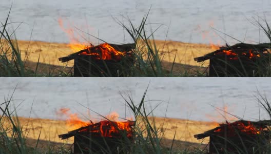 在海边生火做饭。金属火盆里的柴火在沙滩上燃烧着明亮的火焰。火焰篝火靠近。背景是平静的大海高清在线视频素材下载
