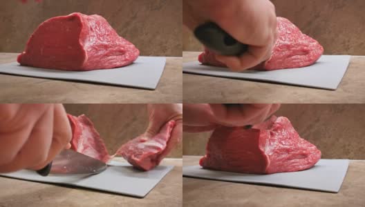 一名男子正在厨房的砧板上用刀切刚屠宰的新鲜牛肉高清在线视频素材下载