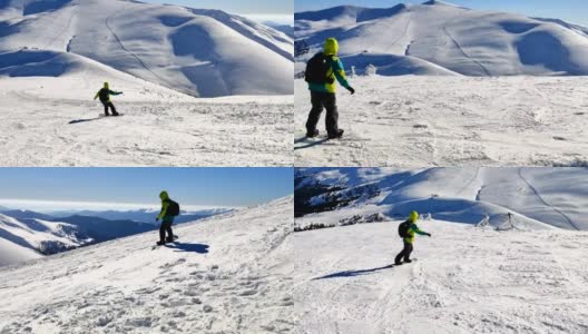 在阳光明媚的日子里，男子在雪山上滑雪高清在线视频素材下载