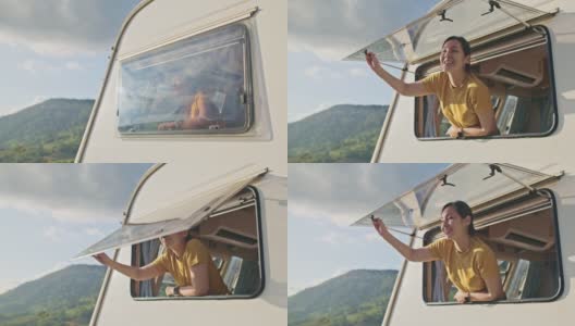 度假的亚洲游客带着幸福和微笑打开车窗高清在线视频素材下载