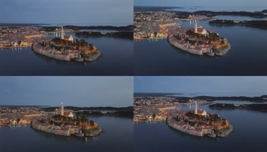 克罗地亚伊斯特里亚老城罗温吉的夜航高清在线视频素材下载