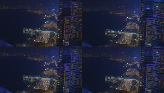 夜间照明香港市中心海湾建筑码头港口屋顶全景4k中国高清在线视频素材下载