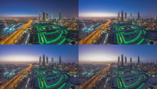 迪拜市中心从黑夜到白天的时间流逝。从上面俯视高清在线视频素材下载