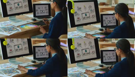 女性平面设计师在她的办公桌上用平板电脑工作高清在线视频素材下载