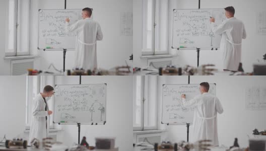 穿着大衣的年轻科学家正在白板上用记号笔写下数学公式高清在线视频素材下载
