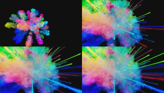 爆炸的火药孤立在黑色背景。3d动画的粒子作为彩色的背景或覆盖效果。迸发出彩虹般的色彩，粉饼呈现出明亮如胡里节。33高清在线视频素材下载