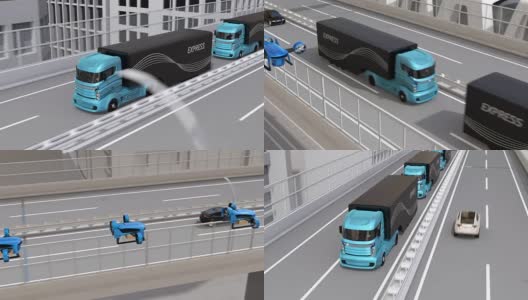 自动电动卡车和垂直起降无人机在高速公路上列队行驶高清在线视频素材下载