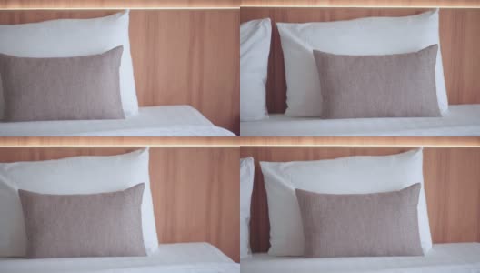 双人枕头和床在酒店的卧室室内高清在线视频素材下载