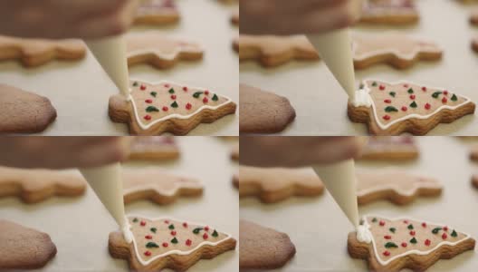 近距离装饰自制姜饼圣诞饼干食物糖霜釉高清在线视频素材下载