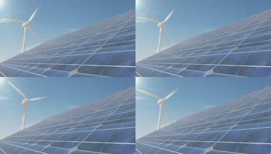 循环动画的风力涡轮机和太阳能电池板。天空上的细胞面板阵列高清在线视频素材下载