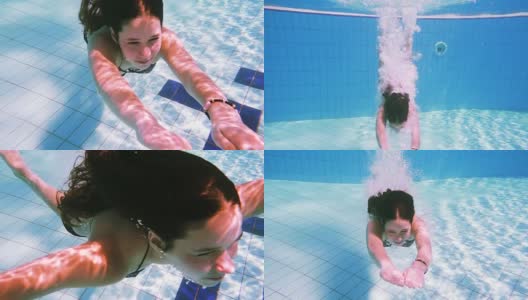 小女孩在游泳池里跳水高清在线视频素材下载