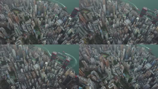中国维多利亚港，上午航拍香港市中心上空高清在线视频素材下载