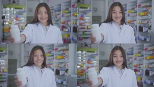 多莉拍摄药剂师展示药瓶，慢镜头高清在线视频素材下载