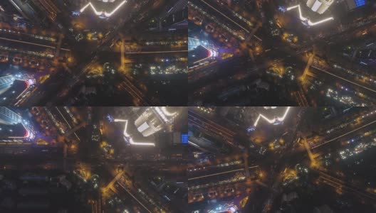 中国上海夜晚复杂的十字路口。鸟瞰图垂直向下视图高清在线视频素材下载