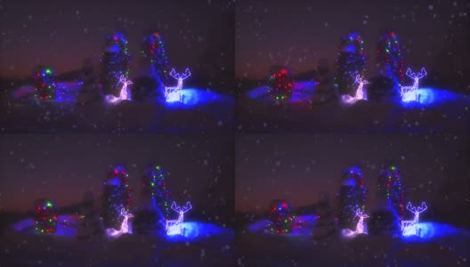 圣诞树上装饰着五颜六色闪烁的花环，周围是飘落的雪花的动画高清在线视频素材下载