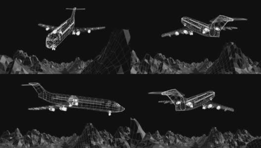 飞机模型和3d山的三维技术绘图动画高清在线视频素材下载