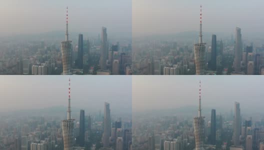 日落时分广州市著名的塔顶市中心区航拍全景4k中国高清在线视频素材下载