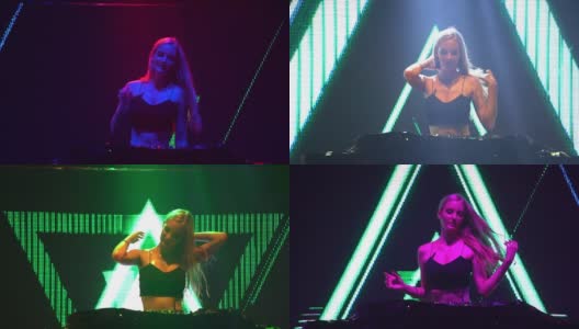 性感的女孩DJ在俱乐部的灯光和声音的音乐会上播放转盘电子舞曲和舞蹈。概念音乐家在夜总会的舞台上表演。高清在线视频素材下载