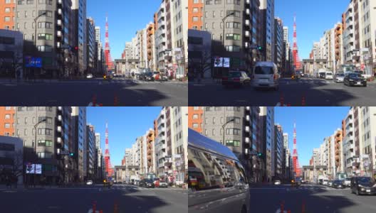蓝色天空的东京塔。东京城市天际线和城市景观高清在线视频素材下载