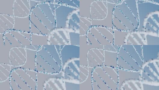 概念DNA螺旋旋转。在蓝色背景上旋转发光分子的动画。双螺旋结构。科学遗传学。三维渲染高清在线视频素材下载