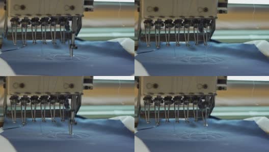 数控缝纫机在纺织品上绣花高清在线视频素材下载