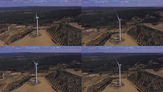 风力涡轮机在一个乡村场景，葡萄牙，阿连特霍。它是一种清洁的燃料来源。风能不像依靠燃烧煤炭或天然气等化石燃料的发电厂那样污染空气。高清在线视频素材下载