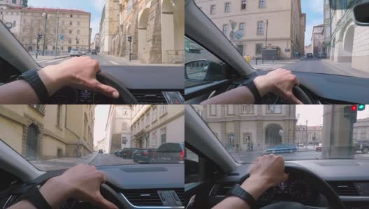 遵守交通规则。手控制汽车的方向盘高清在线视频素材下载