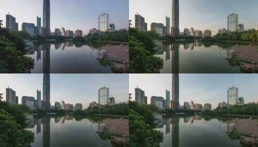 深圳的现代建筑外观和池塘，从黑夜到白天。时间流逝。高清在线视频素材下载