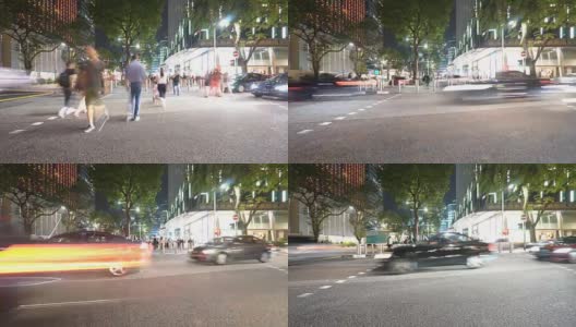 新加坡现代商业大厦附近的夜间交通，时间流逝高清在线视频素材下载