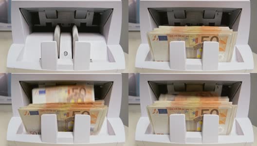 50张欧元钞票从数钞机里出来，堆积起来高清在线视频素材下载