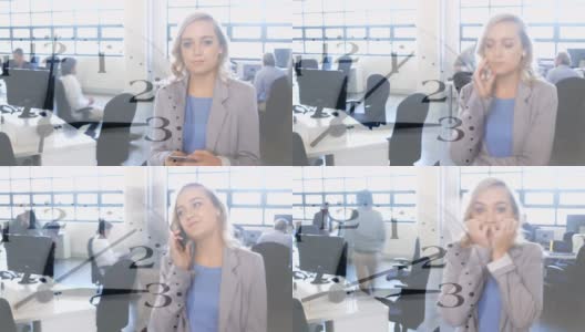 在办公室工作的女人，前景是时钟高清在线视频素材下载