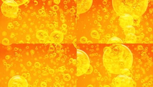 金色的泡泡在泡泡里。向上运动。背景是金橙色。气泡内的黄金液体项目，油，蜂蜜，啤酒，果汁或其他变种。高清在线视频素材下载