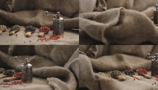 胡椒粉混合香料小勺放在麻袋布上高清在线视频素材下载