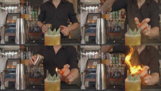 调酒师在酒吧做鸡尾酒演示高清在线视频素材下载