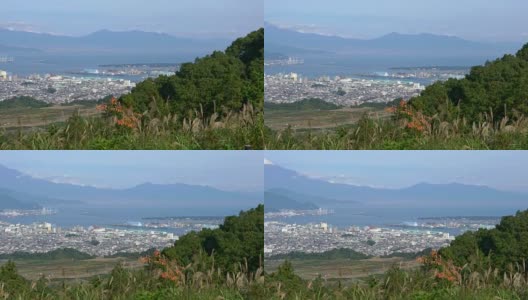 从静冈县鸟瞰清水海港和富士山高清在线视频素材下载