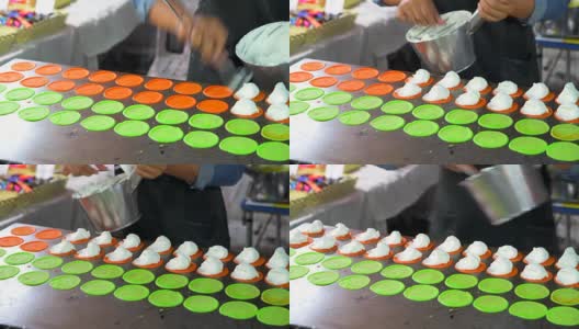 4K电影特写泰国甜点街头小吃的烹饪叫东京街头小吃油炸高清在线视频素材下载