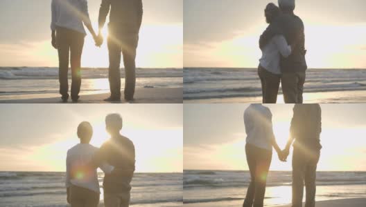 落日余晖中，一对亚洲老年夫妇在海滩上拥抱对方。高清在线视频素材下载