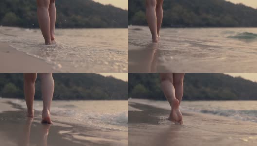 腿近女漫步海边玩暑假假期。高清在线视频素材下载
