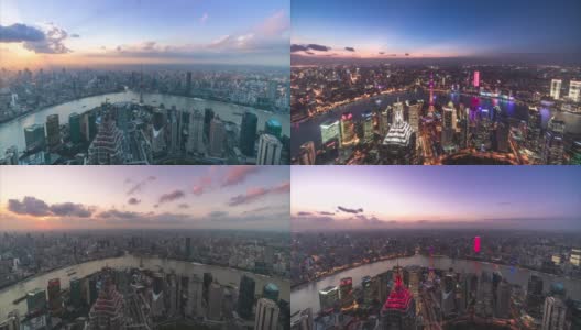 4K时间推移-白天到晚上的时间推移的城市天际线和城市景观在中国上海。高清在线视频素材下载