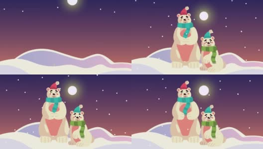 圣诞快乐动画与熊戴着圣诞老人帽雪景场景高清在线视频素材下载