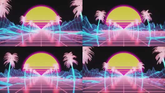 复古80年代风格的合成波日出与棕榈树在完美的循环。三维动画高清在线视频素材下载