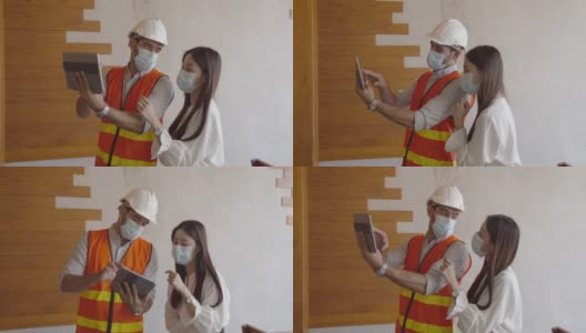 白人男性建筑师讨论和展示建筑图纸上的数字平板给亚洲女性客户。高清在线视频素材下载