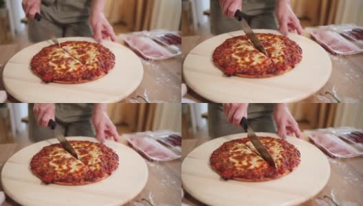新鲜的意大利披萨放在木制的旋转板上。高清在线视频素材下载