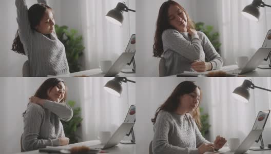 亚洲商业女性在办公室里后背疼痛，工作努力，这就是办公室综合症高清在线视频素材下载