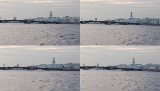 在一个阳光明媚的秋日，乘船沿着涅瓦河游览圣彼得堡，从水上俯瞰这座城市高清在线视频素材下载