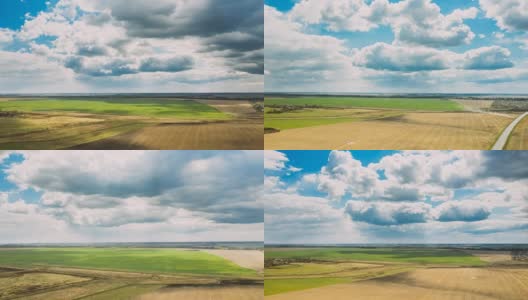 云和旋风上空空荡的乡村田野景观在春天多云的日子。农业领域。鸟瞰图。DroneLapse Hyperlapse。空字段高清在线视频素材下载