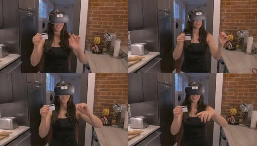 戴着虚拟现实头盔的女人在虚拟现实商店里用信用卡购物高清在线视频素材下载