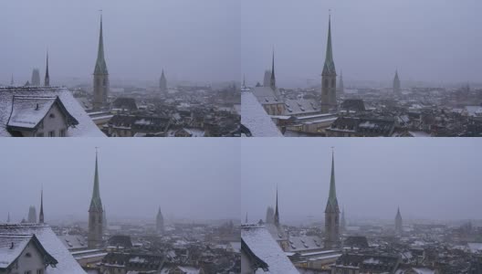 瑞士晚上冬天雪屋顶苏黎世观景台城市全景4k高清在线视频素材下载