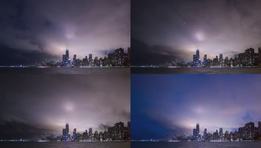 随着时间的推移，戏剧性的积云在芝加哥和密歇根湖的水面上移动，城市的灯光在建筑物上和直升机经过。高清在线视频素材下载